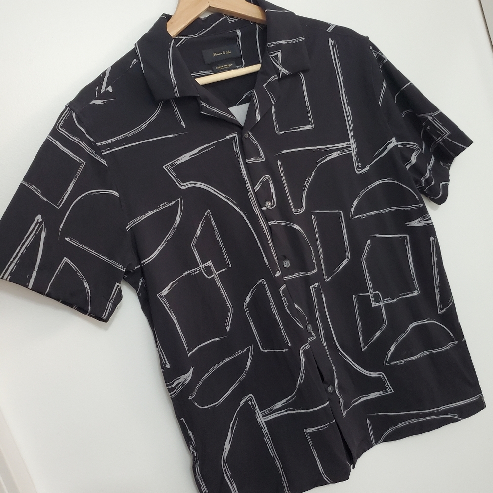 Porter And ash Medium Button Collar Short Sleeve Shirt Black White Stretch Artsy